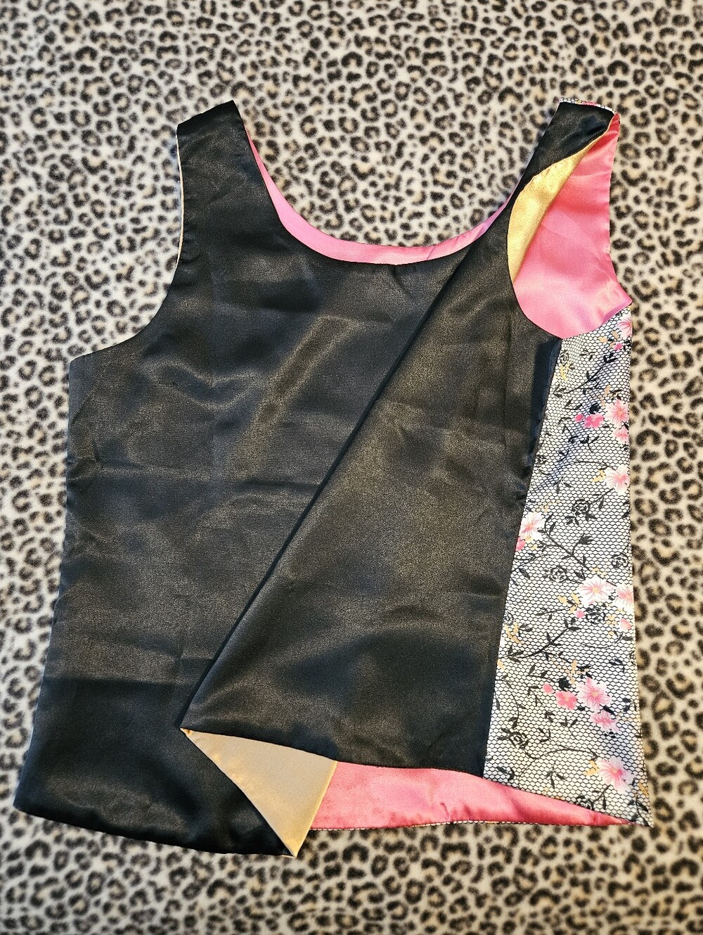 4-Way Reversible Contessa Di Roma Satin Tank Top (Black, Pink, Floral, and Gold)